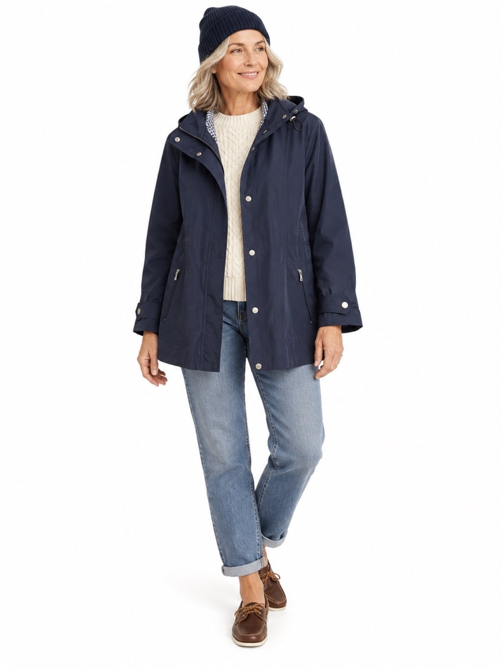 FOG by London Fog Navy Gingham Hooded Rain Jacket Women’s Medium